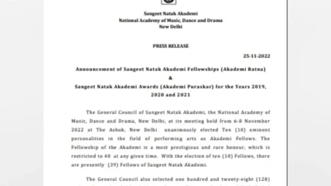Sangeet Natak Akademi | 102 Artists selected for Ustad Bismillah Khan Yuva  Puraskar for yrs 2019, 2020 & 2021