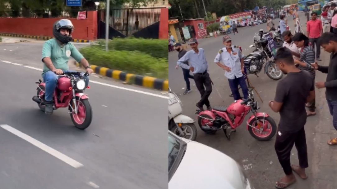 A man riding a pink-coloured mini bullet in Delhi has intrigued the  Internet. He has named his distinctive vehicle as 'Pinki'. Watch the…