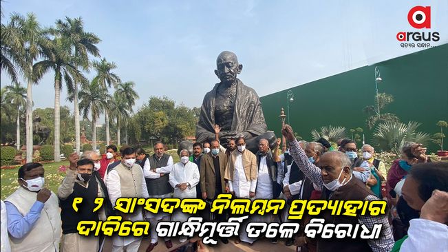 Opposition leaders protest at Mahatma Gandhi statue in Parliament premises over suspension of 12 MPs.