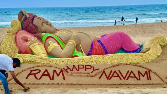 Odisha: Sudarsan Pattnaik creates sand sculpture of Lord Ram at Puri Beach to celebrate Ram Navami