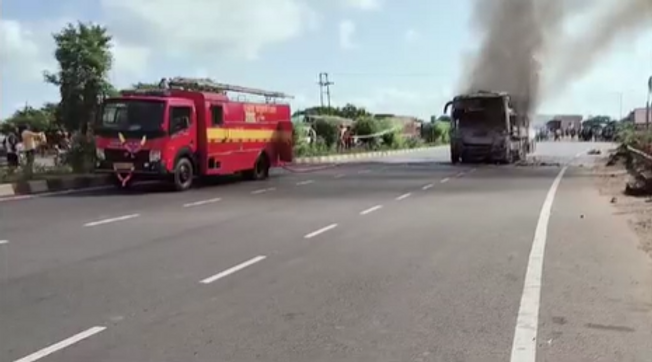 Bus Catches Fire After Hiting Motorcycle On NH 16; 2 Die