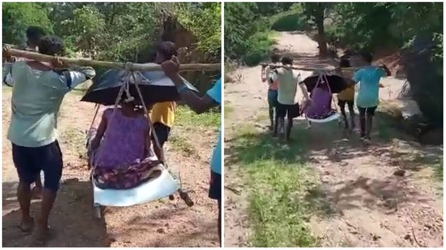 Sans motorable road, pregnant woman carried on cot in Rayagada