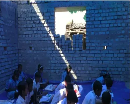 No classroom, children studying under polythene sheet, veranda in Deogarh village