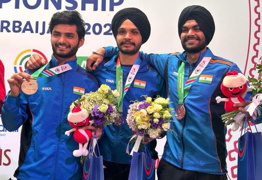 The Indian trio of Sarabjot Singh, Shiva Narwal, and Arjun Singh Cheema won gold in the Men's 10m Air Pistol Team event by securing a total score of 1734.