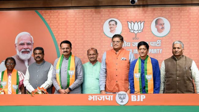 Dharmendra Pradhan Welcomes Bhartruhari Mahtab, Sidhant Mohapatra, Damayanti Beshra To BJP Family