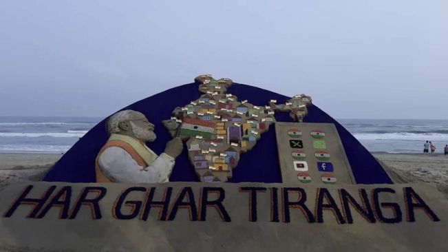 Sand Sculpture On PM Modi With 'Har Ghar Tiranga' Message At Puri Beach