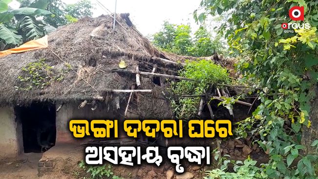The mud house of an old woman of Pandrabandha Village  is in danger