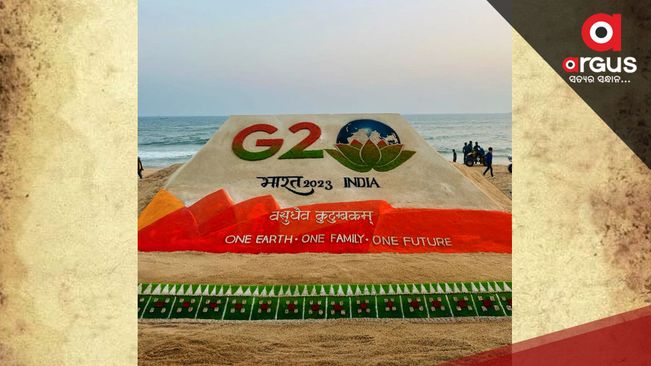 G-20 India logo at the International Sand Art Festival in Konark
